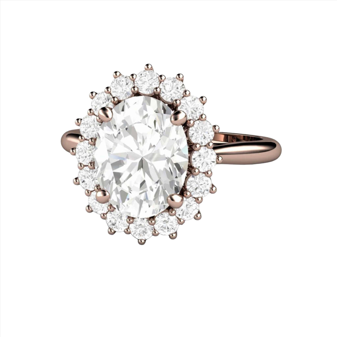 2ct 9x7mm Oval Moissanite Engagement Ring with Halo Vintage Style Cluster in Rose Gold from Rare Earth Jewelry.