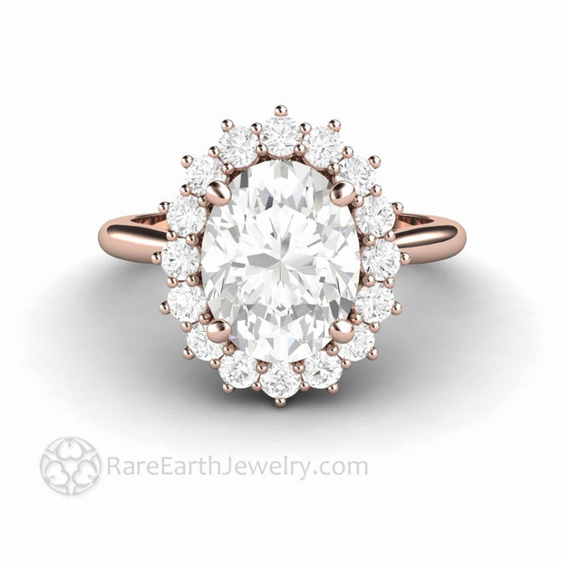 Oval Moissanite Engagement Ring with Halo Vintage Style Cluster 18K Rose Gold - Rare Earth Jewelry
