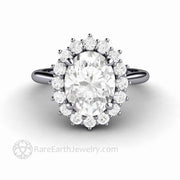 Oval Moissanite Engagement Ring with Halo Vintage Style Cluster Platinum - Rare Earth Jewelry
