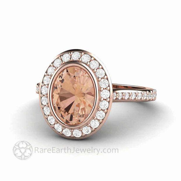 Oval Morganite Engagement Ring Bezel Set Diamond Halo 18K Rose Gold - Rare Earth Jewelry