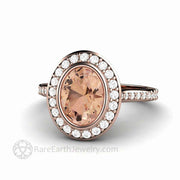 Oval Morganite Engagement Ring Bezel Set Diamond Halo 14K Rose Gold - Rare Earth Jewelry