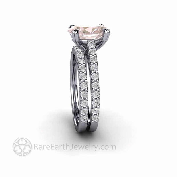 Oval Morganite Engagement Ring Double Prong Solitaire with Pave Diamonds - Bridal Set Side View - Rare Earth Jewelry