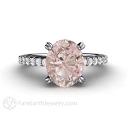 Oval Morganite Engagement Ring Double Prong Solitaire with Pave Diamonds 14K White Gold - Rare Earth Jewelry
