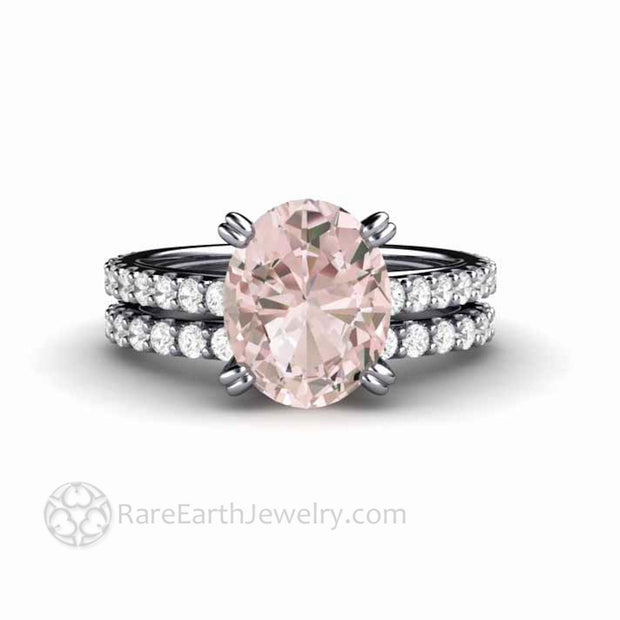 Oval Morganite Engagement Ring Double Prong Solitaire with Pave Diamond Bridal Set - Rare Earth Jewelry