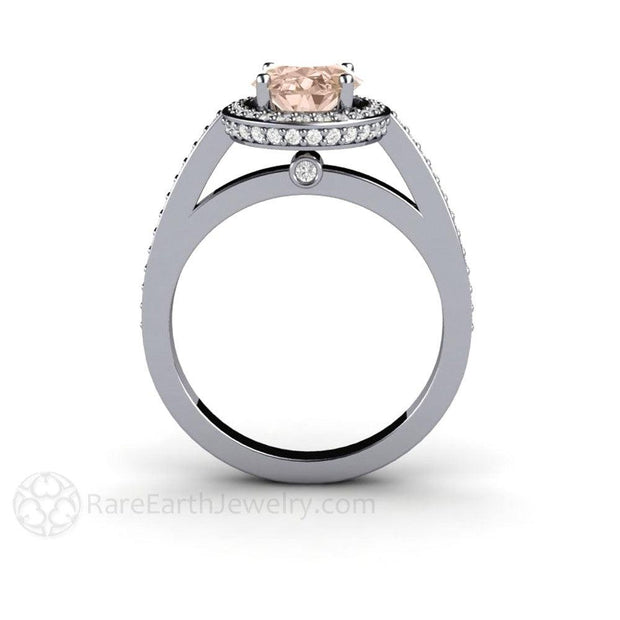 Oval Morganite Halo Engagement Ring and Wedding Band Bridal Set Platinum - Rare Earth Jewelry