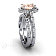 Oval Morganite Halo Engagement Ring and Wedding Band Bridal Set 18K White Gold - Rare Earth Jewelry