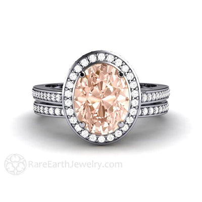 Oval Morganite Halo Engagement Ring and Wedding Band Bridal Set 14K White Gold - Rare Earth Jewelry