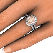Oval Morganite Halo Engagement Ring and Wedding Band Bridal Set - Platinum - Halo - Morganite - Oval - Rare Earth Jewelry