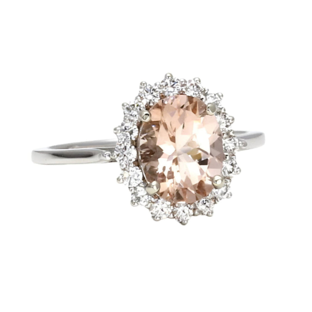 Oval Peach Morganite engagement ring, Vintage Style Diamond Halo, Natural Morganite Ring | Rare Earth Jewelry