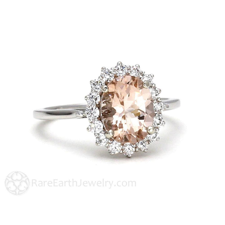 Oval Peach Morganite and Diamond Ring Vintage Style Halo - Rare Earth Jewelry