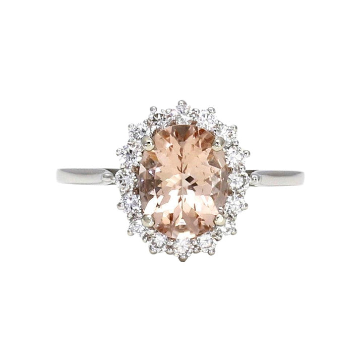 Oval Peach Morganite and Diamond Ring Vintage Style Halo - Rare Earth Jewelry