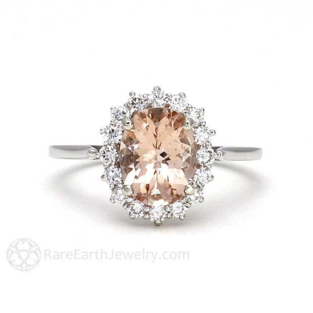 Oval Peach Morganite Engagement Ring with Diamond Cluster Halo 14K White Gold - Rare Earth Jewelry