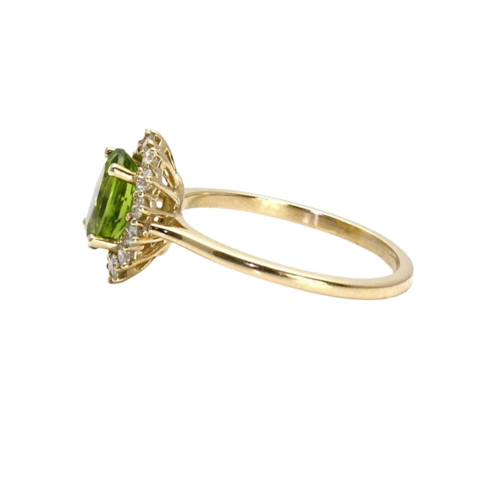 Oval Peridot Ring with Diamonds in Vintage Inspired Cluster Setting, Side View | Rare Earth Jewelry