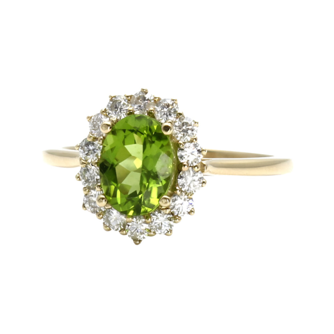 Oval Peridot Ring with Diamond Halo, Vintage Style Cluster Diamond Accents, August Birthstone Jewelry | Rare Earth Jewelry