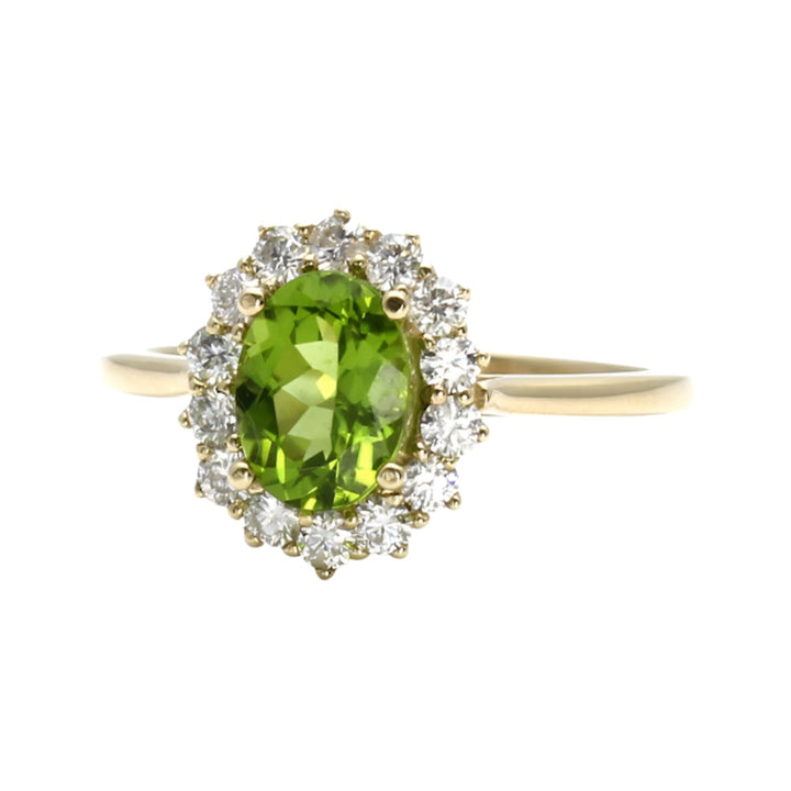 Oval Peridot Ring with Diamond Halo, Vintage Style Cluster Diamond Accents, August Birthstone Jewelry | Rare Earth Jewelry