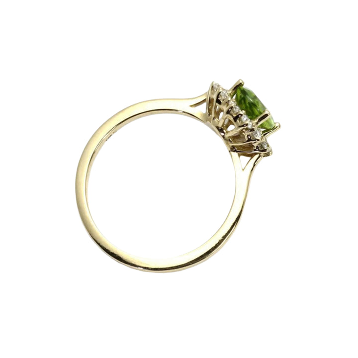 Profile view of Oval Peridot Ring showing Vintage Style Cluster Design | Rare Earth Jewelry