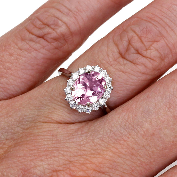Oval Pink Moissanite Ring Vintage Style Halo 14K White Gold - Rare Earth Jewelry