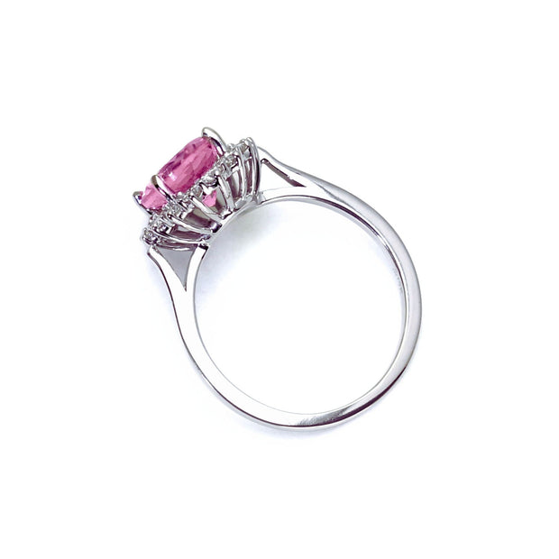 Oval Pink Moissanite Ring Vintage Style Halo 14K White Gold - Rare Earth Jewelry