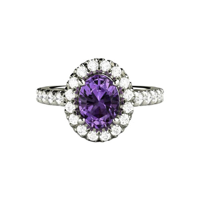 Pave Purple Sapphire Ring or Engagement Oval Diamond Halo 14K White Gold - Engagement Only - Rare Earth Jewelry