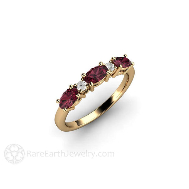 Oval Rhodolite Garnet Ring East West Anniversary Band January Birthstone 14K Yellow Gold - Rare Earth Jewelry