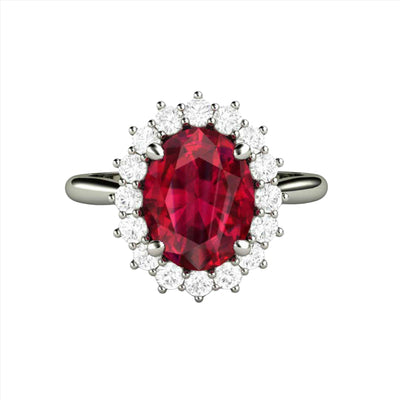 A Ruby Engagement Ring in a Vintage Style Diamond Cluster Design, Oval Ruby Ring with Diamonds in Gold or Platinum from Rare Earth Jewelry.