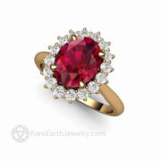 Oval Ruby Engagement Ring Vintage Style Ruby Diamond Cluster Ring 18K Yellow Gold - Rare Earth Jewelry
