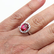 Oval Ruby Engagement Ring Vintage Style Ruby Diamond Cluster Ring 18K White Gold - Rare Earth Jewelry