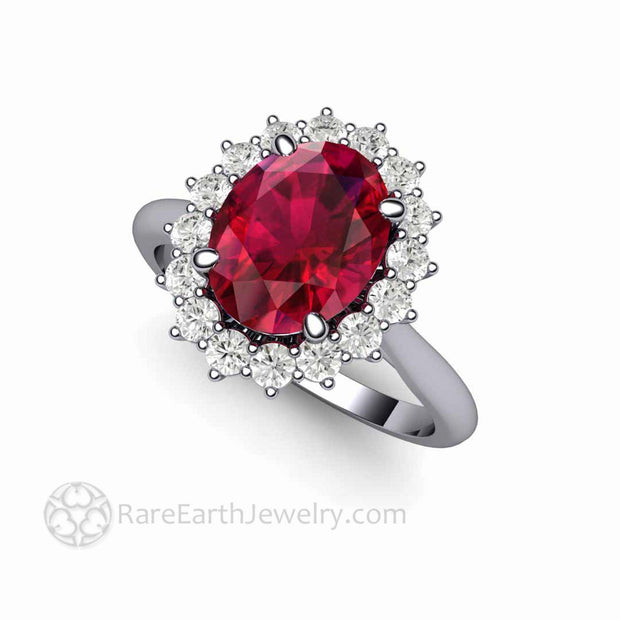 Oval Ruby Engagement Ring Vintage Style Ruby Diamond Cluster Ring Platinum - Rare Earth Jewelry