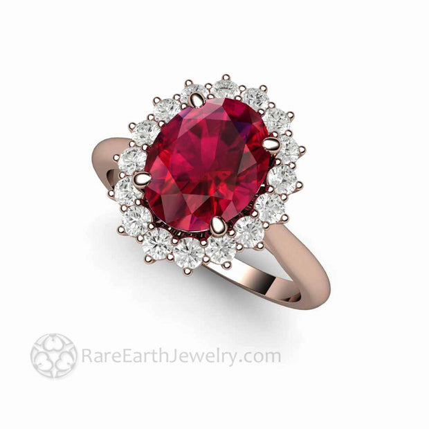 Oval Ruby Engagement Ring Vintage Style Ruby Diamond Cluster Ring 14K Rose Gold - Rare Earth Jewelry