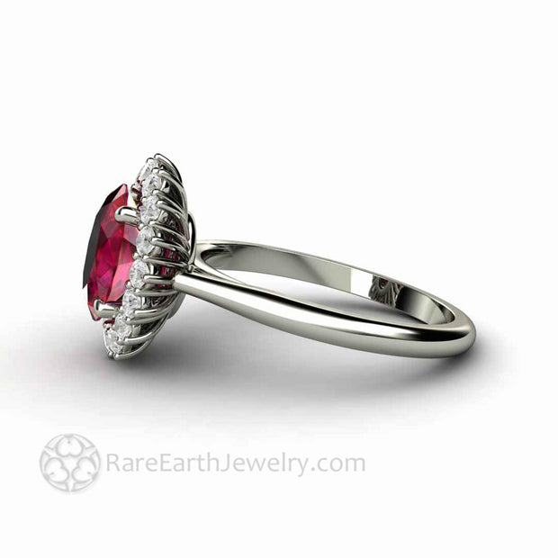 Oval Ruby Engagement Ring Vintage Style Ruby Diamond Cluster Ring 14K White Gold - Rare Earth Jewelry