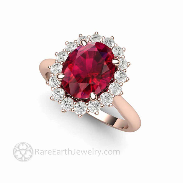 Oval Ruby Engagement Ring Vintage Style Ruby Diamond Cluster Ring 18K Rose Gold - Rare Earth Jewelry