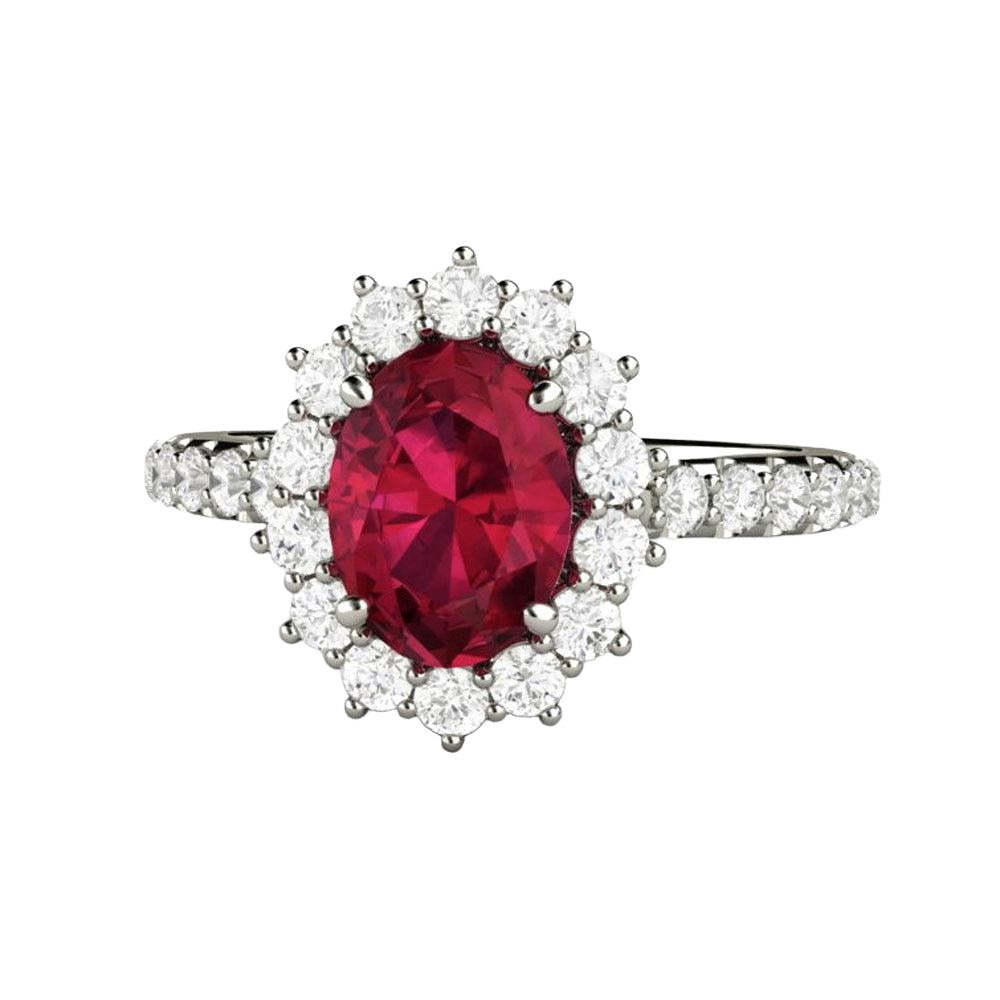 Oval Ruby Ring Ruby Engagement Ring Pave Diamond Halo and Accents in gold or platinum from Rare Earth Jewelry