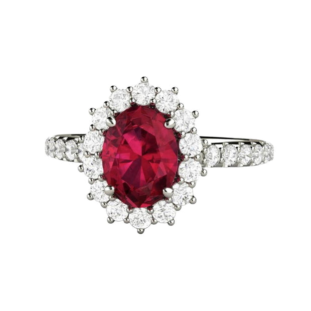 Oval Ruby Ring Ruby Engagement Ring Pave Diamond Cluster 14K White Gold - Rare Earth Jewelry