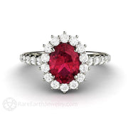 Oval Ruby Ring Ruby Engagement Ring Pave Diamond Cluster 18K White Gold - Rare Earth Jewelry