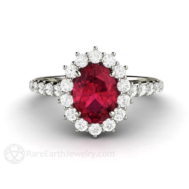 Oval Ruby Ring Ruby Engagement Ring Pave Diamond Cluster 18K White Gold - Rare Earth Jewelry