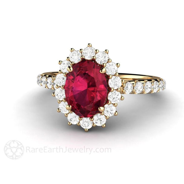 Oval Ruby Ring Ruby Engagement Ring Pave Diamond Cluster 14K Yellow Gold - Rare Earth Jewelry