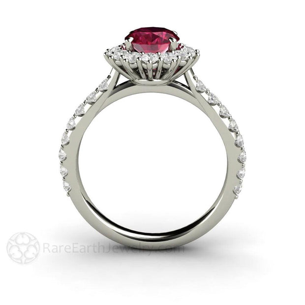 Oval Ruby Ring Ruby Engagement Ring Pave Diamond Cluster 14K White Gold - Rare Earth Jewelry