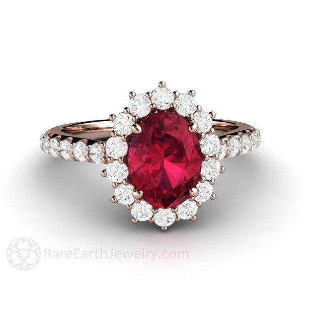 Oval Ruby Ring Ruby Engagement Ring Pave Diamond Cluster 14K Rose Gold - Rare Earth Jewelry