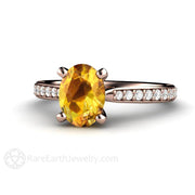 Oval Solitaire Yellow Sapphire Engagement Ring with Diamonds 14K Rose Gold - Rare Earth Jewelry