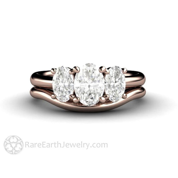 Oval Three Stone Forever One Moissanite Engagement Ring 14K Rose Gold - Wedding Set - Rare Earth Jewelry