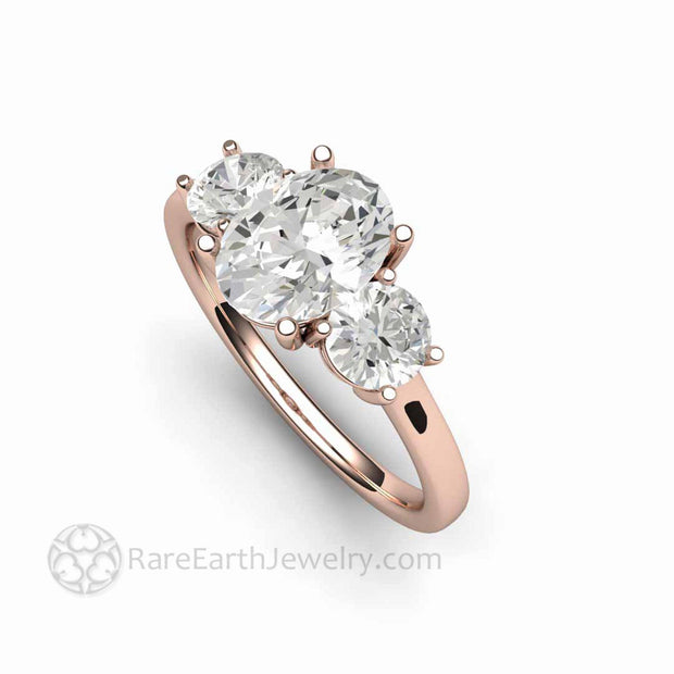 Oval White Sapphire Engagement Ring 3 Stone White Sapphire Ring Classic Style 18K Rose Gold - Rare Earth Jewelry