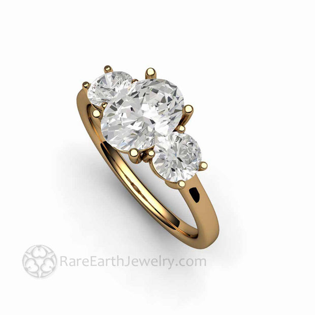 Oval White Sapphire Engagement Ring 3 Stone White Sapphire Ring Classic Style 18K Yellow Gold - Rare Earth Jewelry