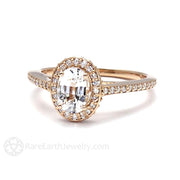 Oval White Sapphire Engagement Ring Cathedral Diamond Halo 18K Rose Gold - Engagement Only - Rare Earth Jewelry
