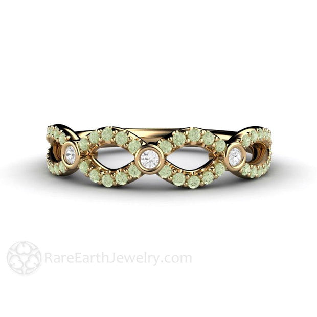 Pastel Green Diamond Infinity Wedding Ring Anniversary Band 14K Yellow Gold - Rare Earth Jewelry
