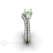 Pastel Green Moissanite Engagement Ring Three Stone Accented Platinum - Wedding Set - Rare Earth Jewelry