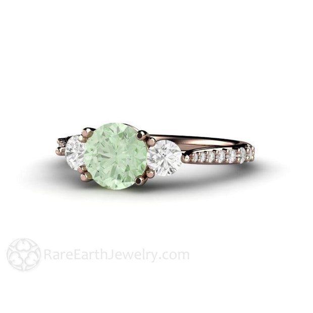 Pastel Green Moissanite Engagement Ring Three Stone Accented 14K Rose Gold - Engagement Only - Rare Earth Jewelry