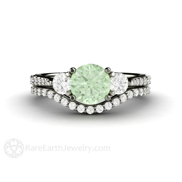 Pastel Green Moissanite Engagement Ring Three Stone Accented 14K White Gold - Wedding Set - Rare Earth Jewelry