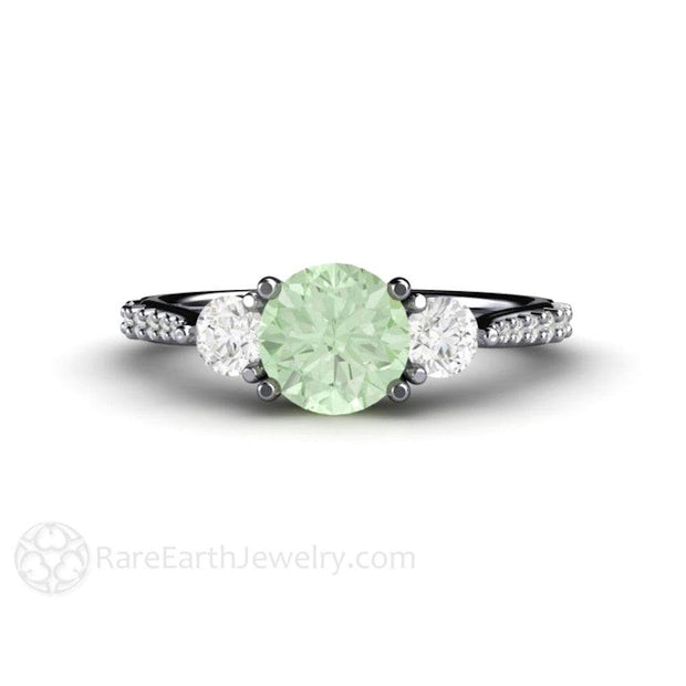 Pastel Green Moissanite Engagement Ring Three Stone Accented Platinum - Engagement Only - Rare Earth Jewelry