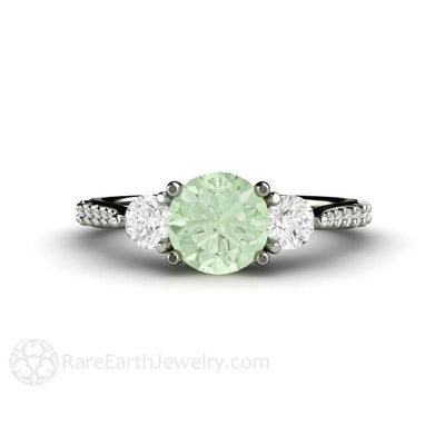 Pastel Green Moissanite Engagement Ring Three Stone Accented 14K White Gold - Engagement Only - Rare Earth Jewelry
