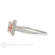 Pave Diamond Halo Morganite Wedding Set Engagement Ring and Band Platinum - Rare Earth Jewelry